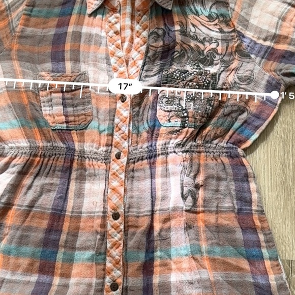 Vintage y2k Orange Plaid Button Down Peplum Top with Grunge Vibe Bling - Picture 4 of 8